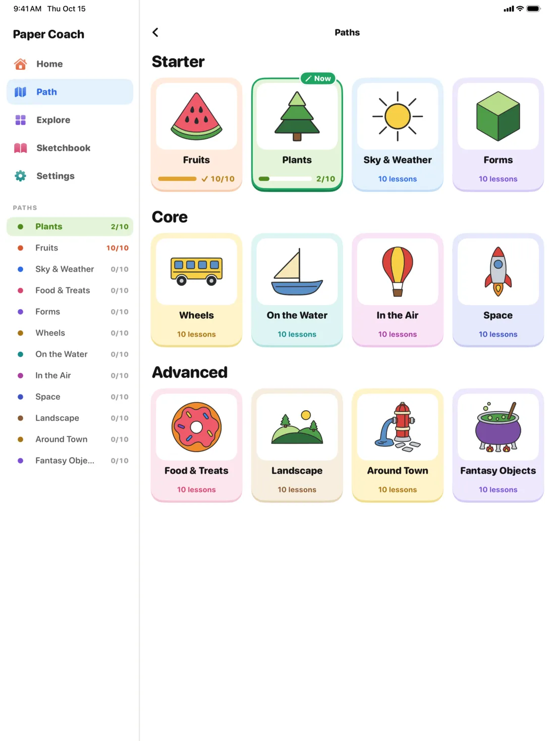 12 paths, from easy to advanced, on iPad