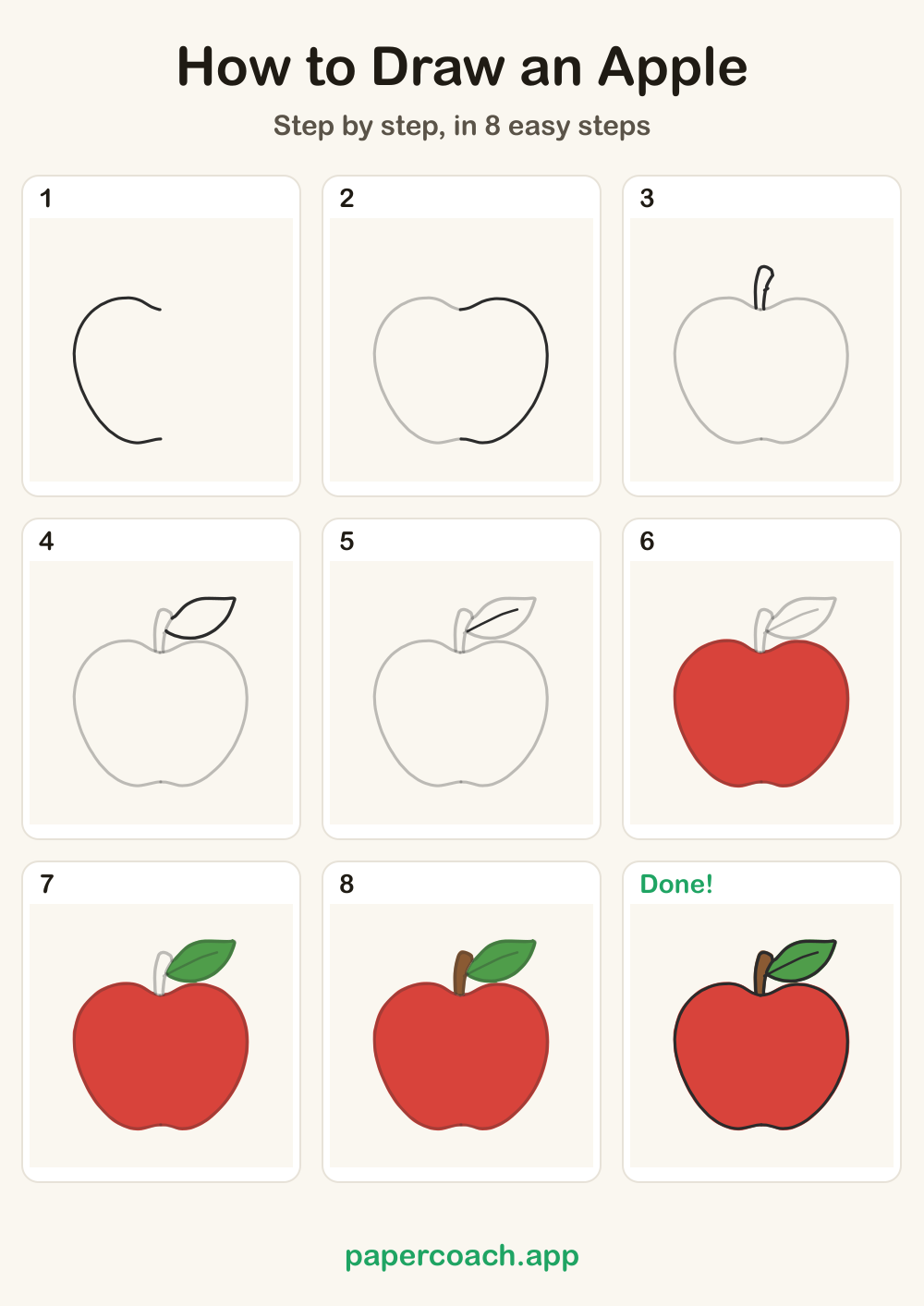 How to Draw an Apple: all 8 steps on one page