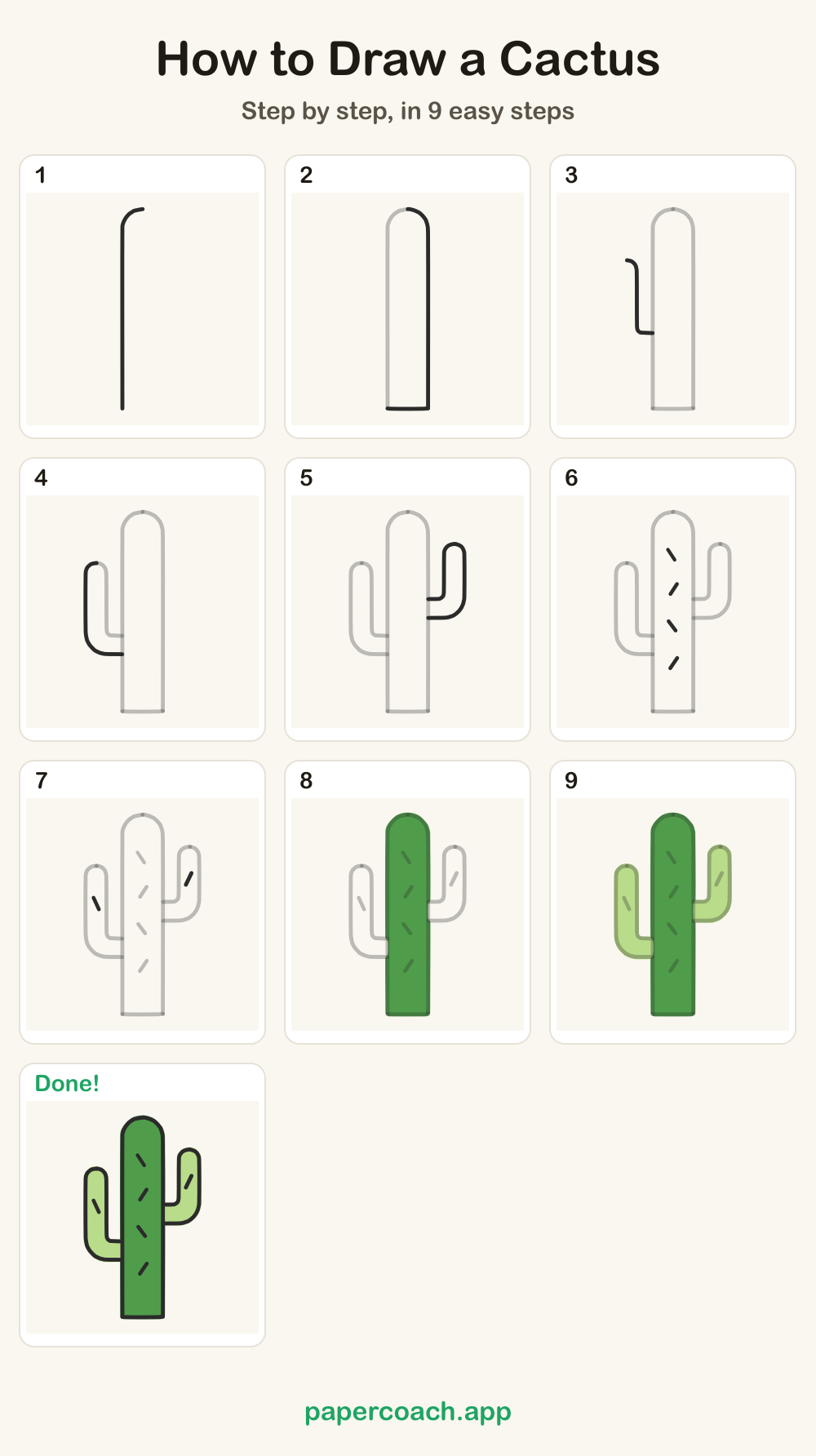How to Draw a Cactus: all 9 steps on one page