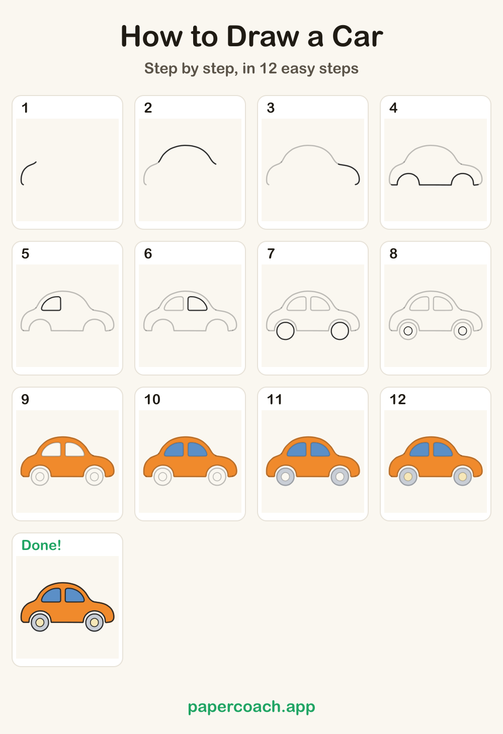 How to Draw a Car: all 12 steps on one page
