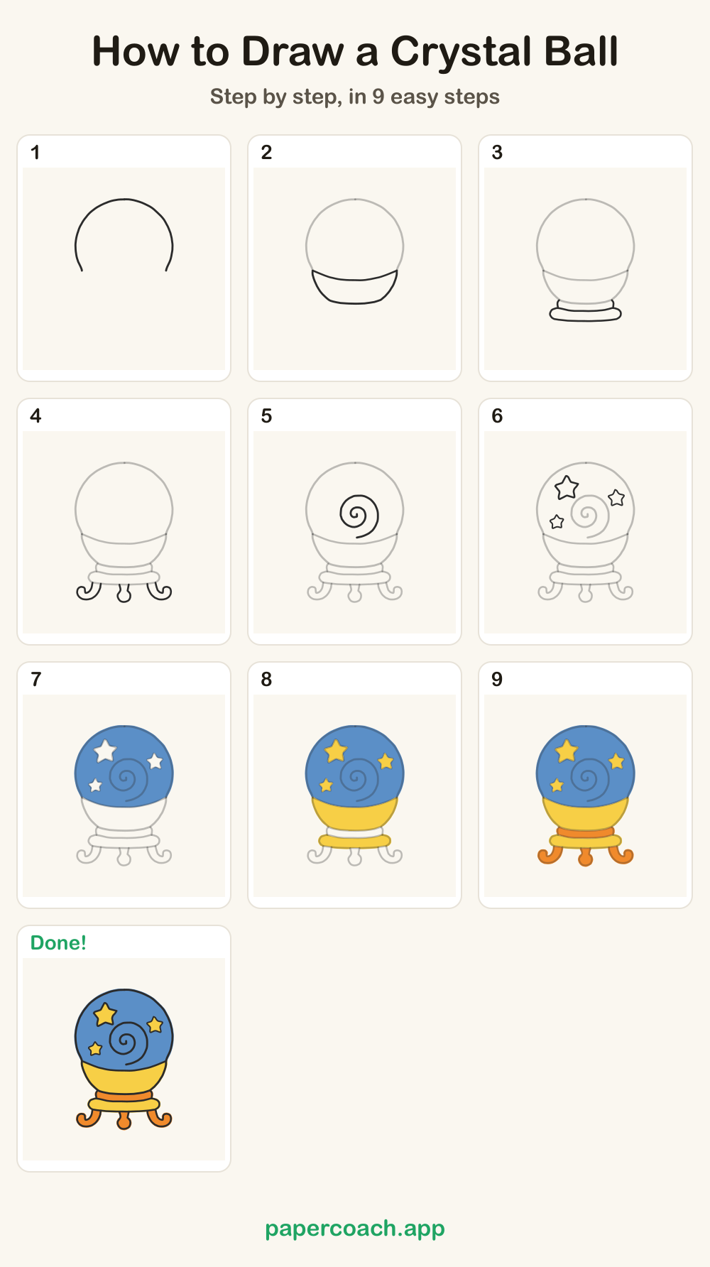 How to Draw a Crystal Ball: all 9 steps on one page