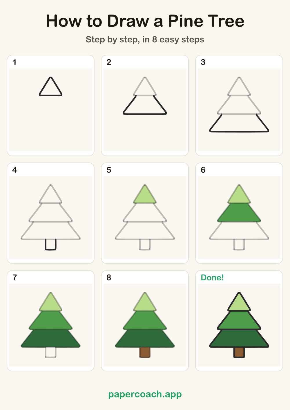 How to Draw a Pine Tree: all 8 steps on one page