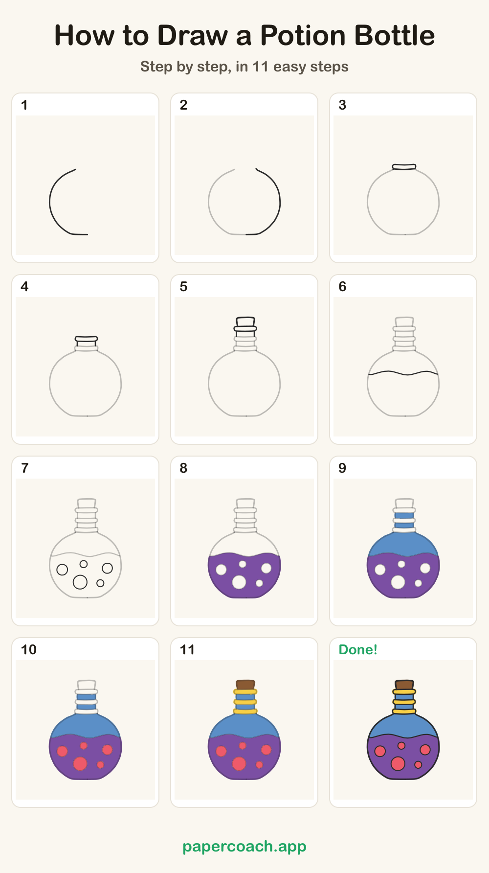 How to Draw a Potion Bottle: all 11 steps on one page