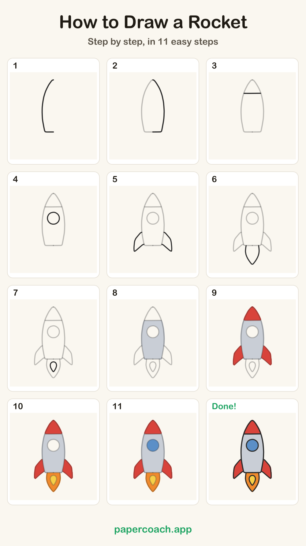 How to Draw a Rocket: all 11 steps on one page