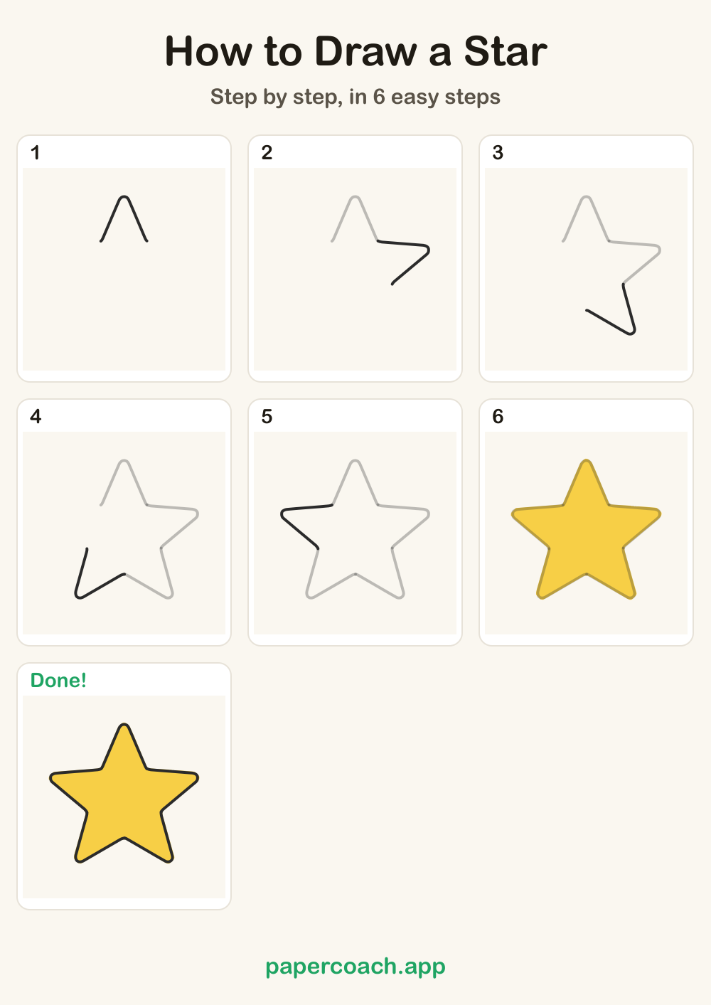 How to Draw a Star: all 6 steps on one page